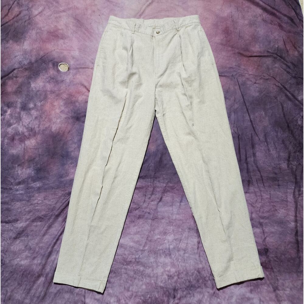 Vintage Van Husen Men's Beige Linen Cotton Pleated Casual Pants Straight Leg